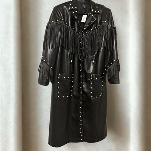 Nasty Gal Black Faux Leather Fringe & Stud Long Coat